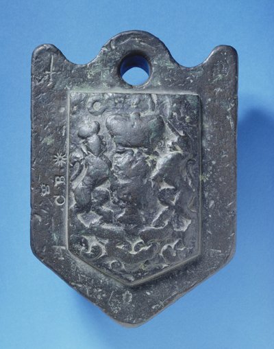 Wool-weight cast with the Stuart arms and stamped C.B by English School