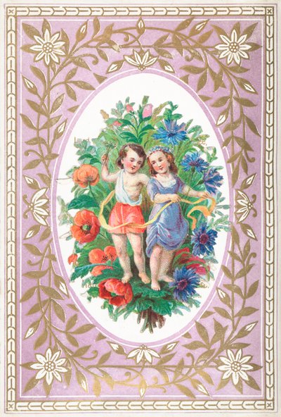 Young Girl and Boy with flowers and ribbons by English School