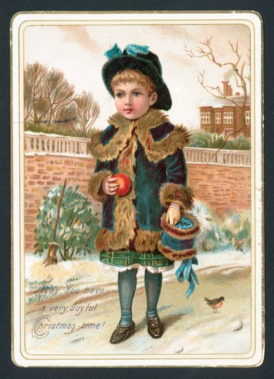 Young Girl holding fur muff and apple by English School