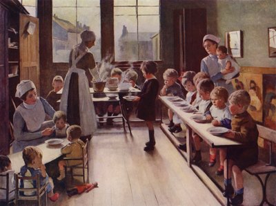 Young children at mealtime in a day nursery by English School