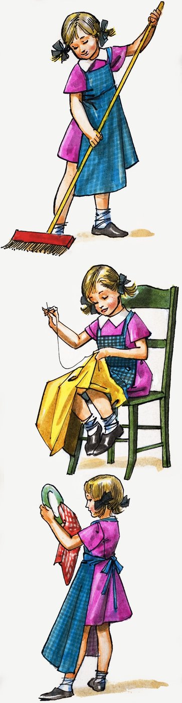Young girl cleaning and tidying by English School
