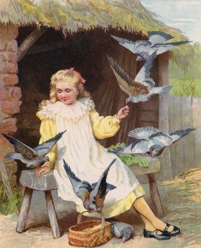Young Girls Feeding Pigeons on a Farm by English School