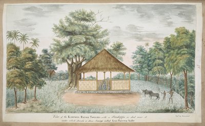 The statue of Kiay Poerwakali in a thatched shed outside the village of Batu Tulis (W. Java) by English School