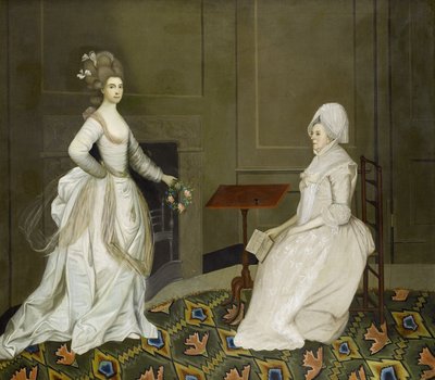 Two Ladies in an Interior, One Reading, the Other Holding a Garland of Flowers by English School, 18th Century