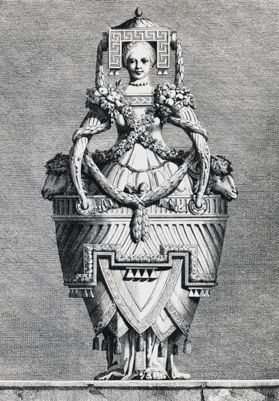 Anthropomorphic vase, Greek bride, engraving from Mascarade la Grecque, Suite des Vases and Cheminees, Parma by Ennemond Alexandre (after) Petitot