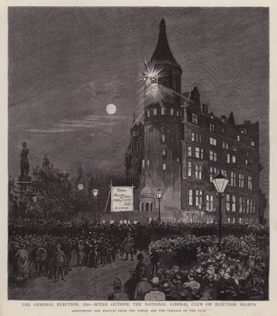 Announcement of the results of the 1892 General Election from the Liberal Club, Westminster, London by Enoch Ward