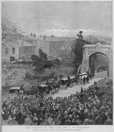 Funeral procession carrying the body of English Particular Baptist preacher Charles Haddon Spurgeon arriving at the gates of Norwood Cemetery, London by Enoch Ward