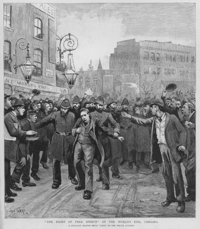 Socialist orator being taken to the police station after making a speech at the World
