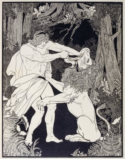 Drawing of Samson fighting a lion (engraving) by Ephraim Moses Lilien