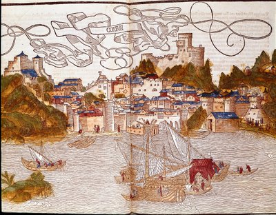 The port of Corfu in Greece. Page taken from the travel book 