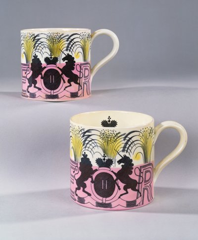 A Pair of Wedgewood Mugs Commemorating the Coronation of Her Majesty Queen Elizabeth II by Eric Ravilious