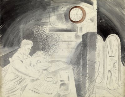 The cabin of the senior officers of a submarine. Pencil series by Eric Ravilious, embarked on a submarine during the Second World War by Eric Ravilious