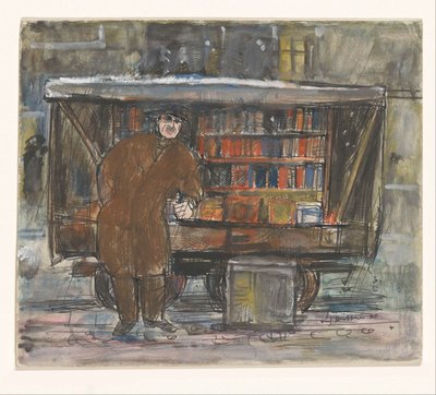 Bookseller in Front of His Book Cart by Erich Büttner (signed by artist)