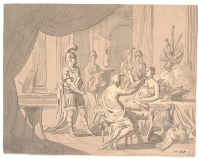 Antique Scene. A Noble Lady Adorned by Other Ladies in Front of a Helmeted Warrior by Erik Pauelsen