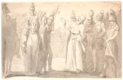 Figurative Scene with a Holy, Horned Man Among Roman Soldiers by Erik Pauelsen