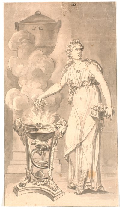 Woman in Classical Dress Offering Flowers in a Sacrificial Bowl with Fire by Erik Pauelsen