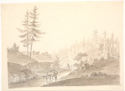 Norwegian Mountain Landscape with Cattle and Two Men by Erik Pauelsen