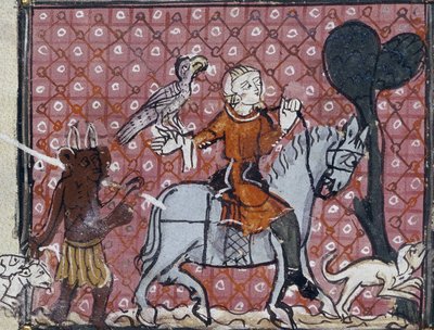 The sin of worldly vanities: a rider with his hawk and hound is approached by a devil. One of a set illustrating the temptations, from poems by Matfre Ermengau, ca 1300-1320 by Ermengaut Matfre