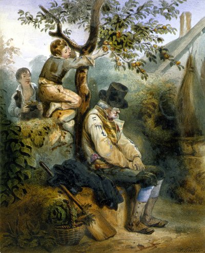 Children stealing apples under the asleep farmer