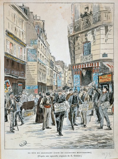 France, Paris, Newspaper vendor in rue du Croissant on corner of rue du Faubourg Montmartre in Paris by Ernest Grenier by Ernest (after) Grenier