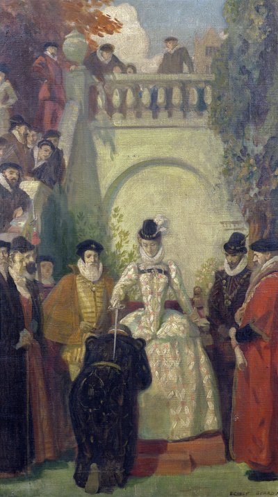 Queen Elizabeth I knighting Sir John Young on the steps of his property, The Great House, Bristol by Ernest Board
