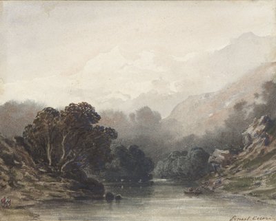 Mountain Lake in the Shadow of Dark Trees, with Light Hills and Snow Peaks Behind by Ernest Cicéri