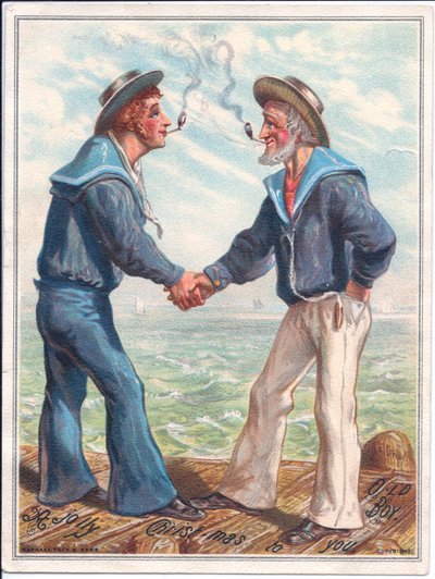 A Victorian Christmas Card of Two Sailors Smoking Clay Pipes and Shaking Hands, c.1880 by Ernest Henry Griset