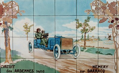 Hemery Driving a Darracq Car in the Circuit des Ardennes of 1905: Ceramic Tiles Manufactured by Gilardoni Fils et Cie of Paris, After a Drawing by Ernest Montaut by Ernest Montaut