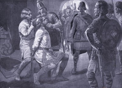 Ceowulf, King of Northumbria, being forcibly shorn AD731 by Ernest Prater
