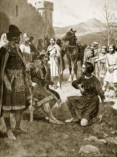 David, King of Scots, dispenses Justice, illustration from 