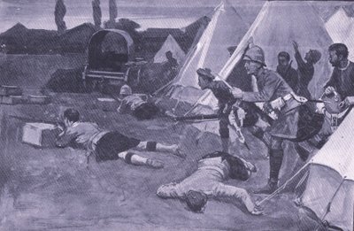 The attack on the British camp in the market place of Jacobsdal (illustration from After Pretoria: The Guerilla War, 1902) by Ernest Prater