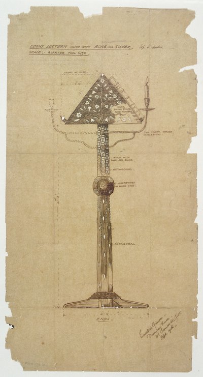 Design for Ebony Lectern inlaid with Bone & Silver for St. Andrews Church, Roker by Ernest William Gimson