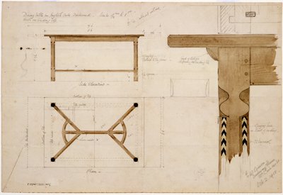 Design for a Dining Table in English Oak, Darkened, with a Hayrake Stretcher, 2nd October 1908 by Ernest William Gimson