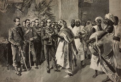 General Tancredi Saletta offering sword to Kantibai, Chief of Abab, Massawa, Eritrean War, engraving by Ernesto Mancastroppa from drawing by G Amato, from L