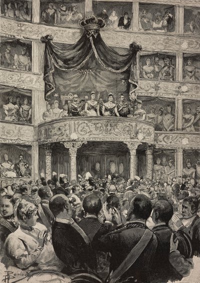 Umberto I and Margherita of Savoy with German sovereigns at Teatro Argentina for silver wedding celebrations, April 21 by Ernesto Mancastroppa