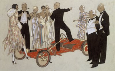 A group of ladies and gentlemen in evening dress listening to a speaker, standing in a Bugatti 