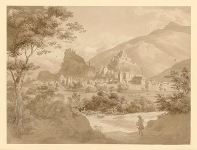 View of a Small Fortified Town and Two Castles in Mountain Landscape, with a Painter in the Foreground by Ernst Fries