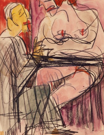 Female Nude and Man Sitting at a Table by Ernst Ludwig Kirchner