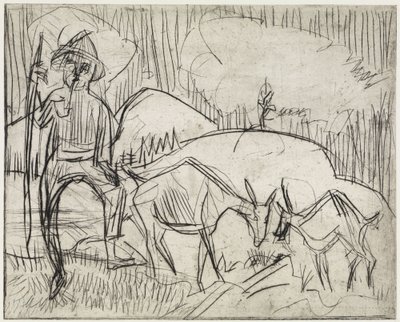 Shepherd with Goats / Hillside with People and Goats by Ernst Ludwig Kirchner