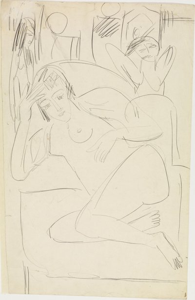 Female Nude Crouching in an Armchair with Wooden Figures by Ernst Ludwig Kirchner