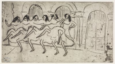 Reclining Lotte on Cushions / Six Dancers in Front of Arch Decoration - English Ensemble by Ernst Ludwig Kirchner