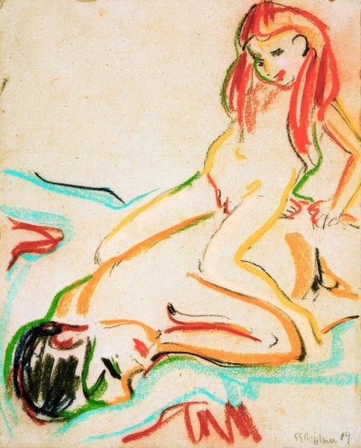 Reclining Naked Man with Child on Back by Ernst Ludwig Kirchner