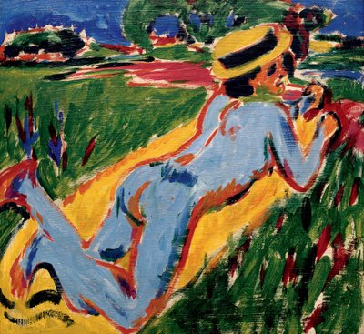 Blue Nude Reclining with Straw Hat by Ernst Ludwig Kirchner by Ernst Ludwig Kirchner