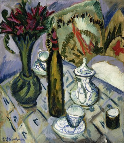 Teapot, Bottle and Red Flowers, 1912 by Ernst Ludwig Kirchner