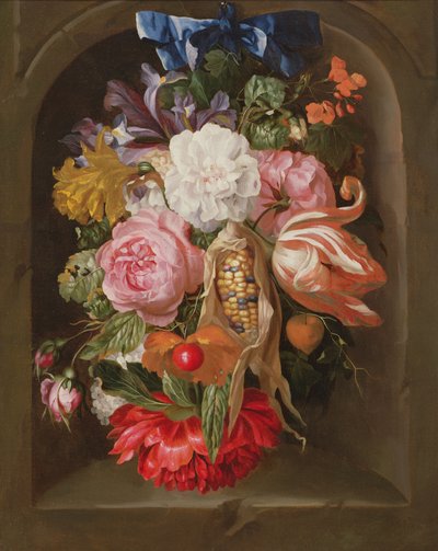 A Still Life of a Corncob, Roses, a Parrot Tulip, Irises, and Other Flowers Suspended from a Blue Ribbon, in a Stone Niche by Ernst Stuven
