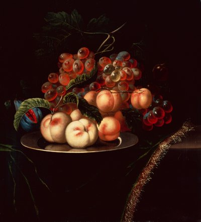 Peaches on a Pewter Plate with Grapes and a Fig on a Draped Ledge by Ernst Stuven