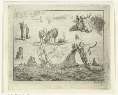 Study Sheet with a Seascape, Two Cow Heads, Sheep, a Dog, and Two Paws by Ernst Willem Jan Bagelaar