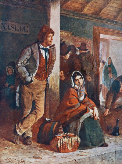 Irish emigrants at Ballinasloe station on their way to Galway, Ireland to board boats to America in the 19th century by Erskine Nicol