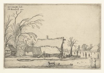 Farm by Frozen River with Skaters (Horizontal Landscapes) by Esaias van de Velde