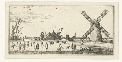 Skaters on the Ice Near a Mill in the Vicinity of Penningsveer, Landscapes (series title) by Esaias van de Velde